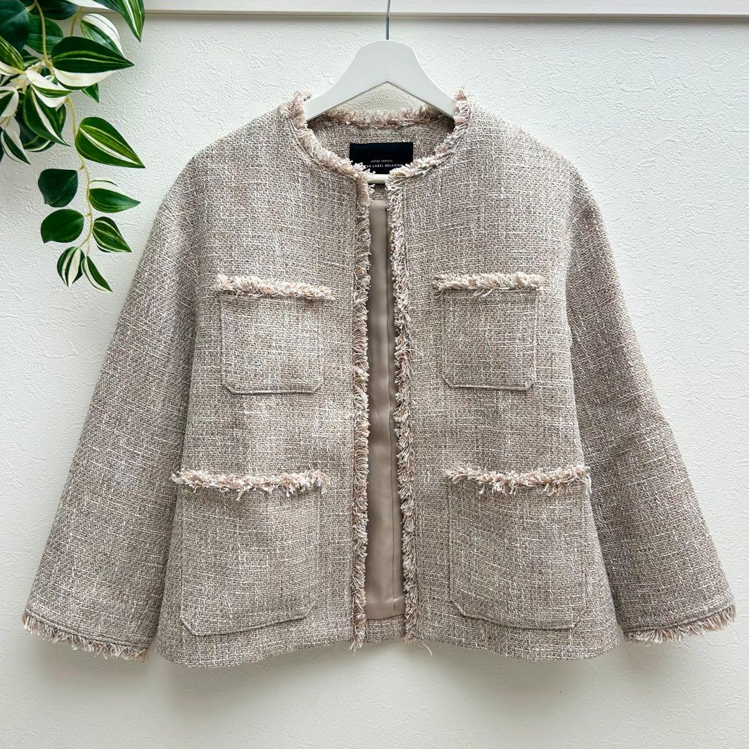 グリーンレーベル ミックスツイードライクポケットノーカラージャケット　SHORT