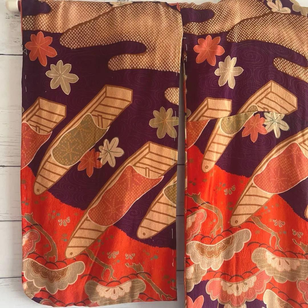 5995◆アンティーク女の子着物時代物縮緬紫朱セピア松楓舟時代古裂品格ある逸品