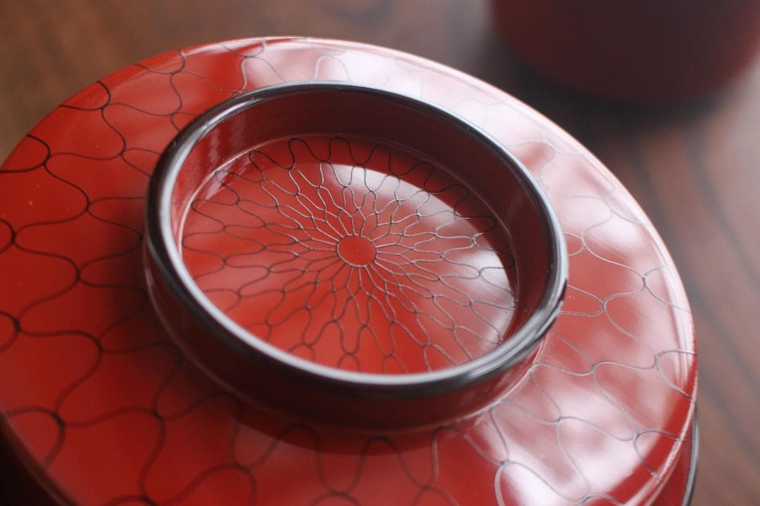 デッドストック！上質朱漆に風情ある網目文の映える筒形大椀2点（検京塗煮物椀