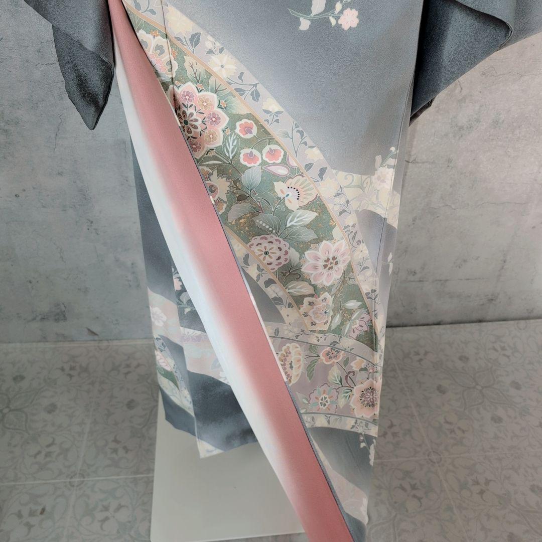 訪問着　フルセット　着物　正絹　トールサイズ　金彩加工　花　グレー地　O7