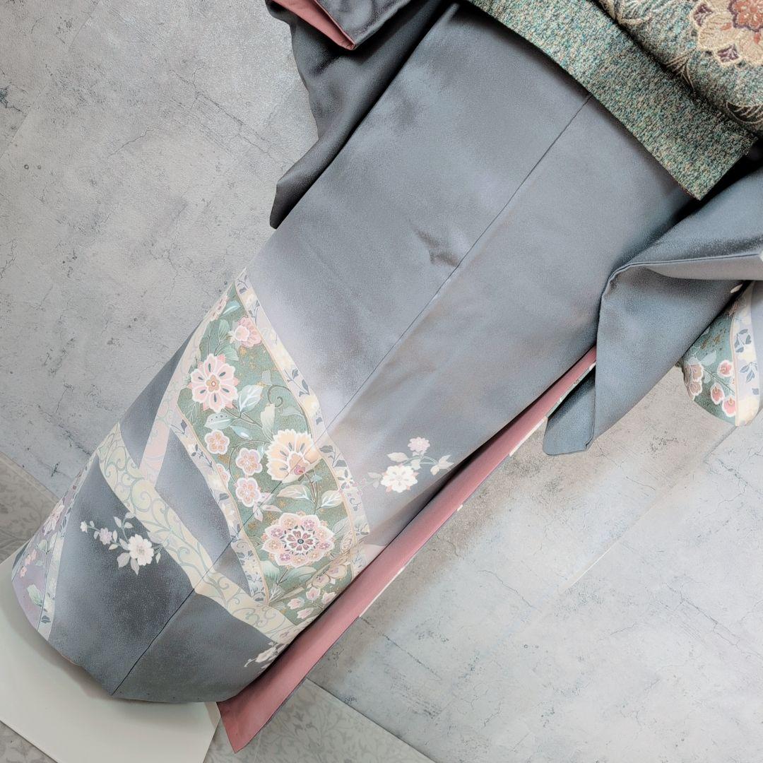 訪問着　フルセット　着物　正絹　トールサイズ　金彩加工　花　グレー地　O7