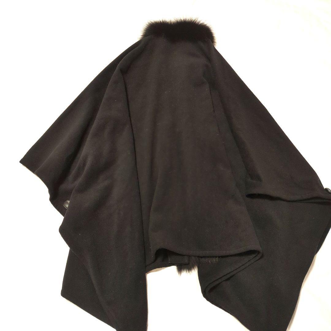 カシミヤ　フォックスファー ケープ　ポンチョ　マント　リボン　ロング　ラムウール