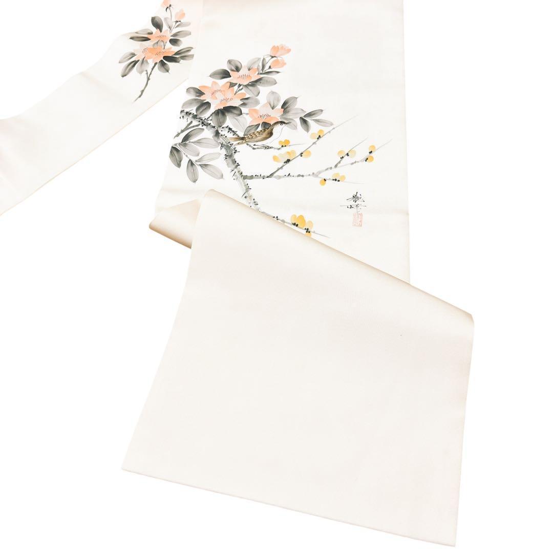 A 98未使用名古屋帯 塩瀬　9寸　雀と椿模様正絹 着物帯美品