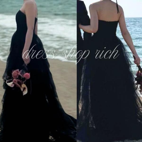 流行　人気　ブラックドレス　Aライン　チュール　前撮り　二次会　カラー　お色直し