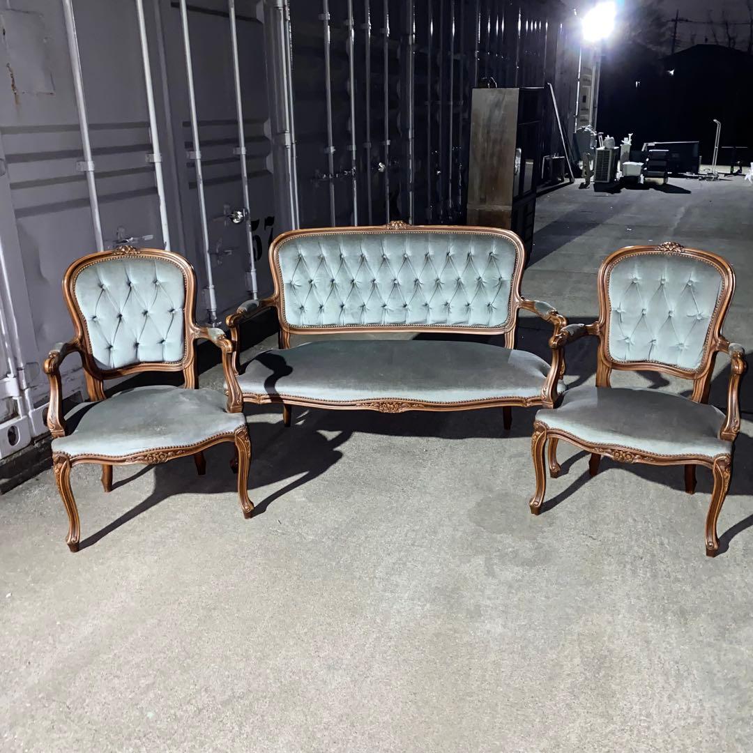 イタリア発！アンティーク ロココ調チェア ブルーグレー