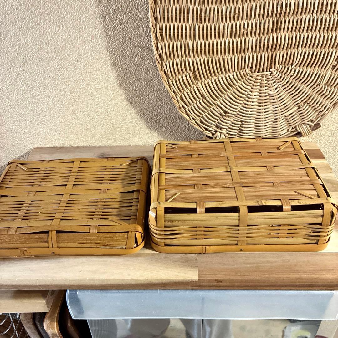 竹　御用カゴ　市場カゴ　ピクニックバスケ& お弁当箱　2点セット売り