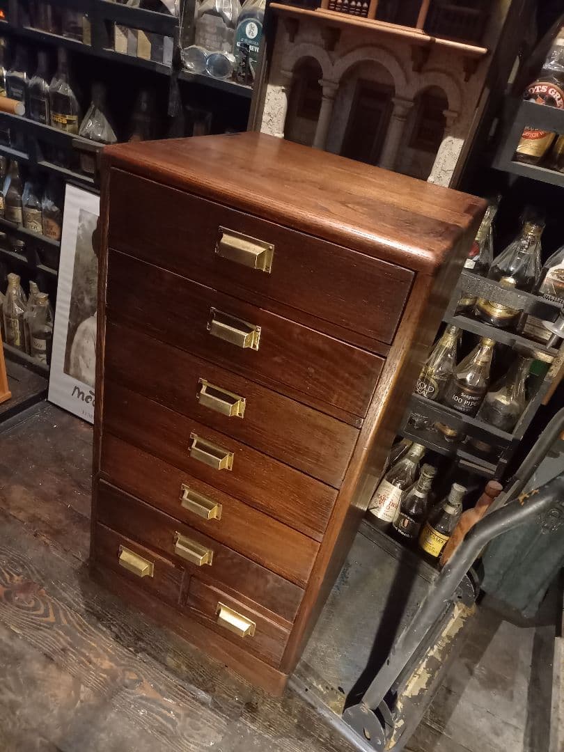 1950's　ヴィンテージ　ドロワー　欅　無垢材　継ぎ組み　細工　真鍮　金具