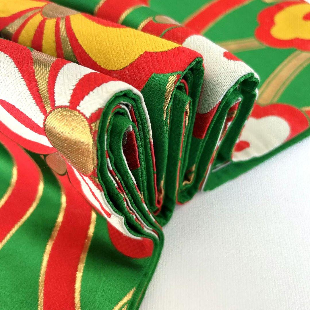 セット七五三7歳女の子長着＆簡単半衿＆袋帯＆草履＆バッグ＆小物朱色ちりめん扇菊鳥