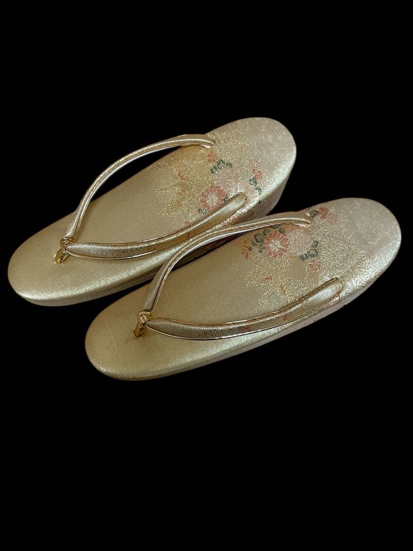 上品✨草履と和装バッグセット【木箱、手鏡付】帯地の淡いゴールド　金銀刺繍