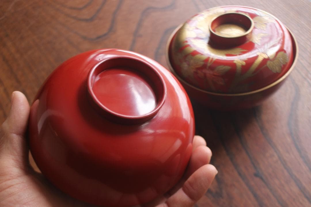 時代逸品！上質朱漆に極上牡丹蒔絵の映えるお椀2点（検輪島塗蒔絵椀吸い物椀