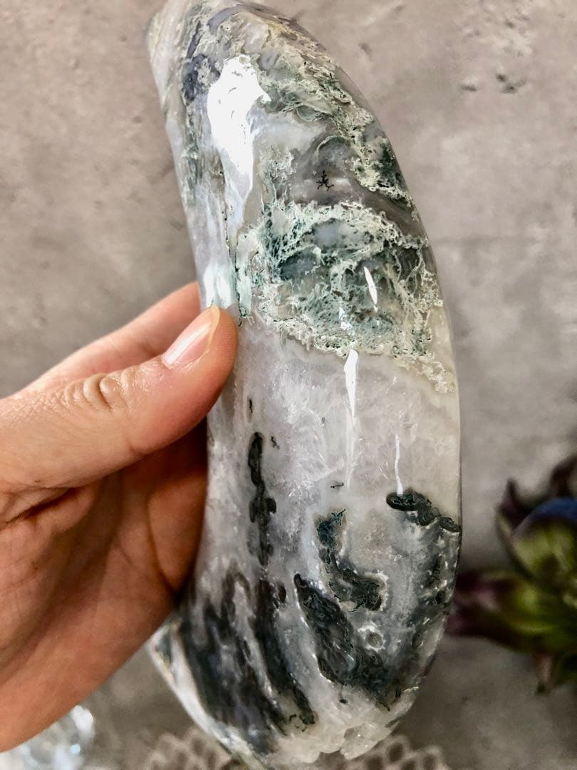 超ビッグ　モスアゲート　ビッグ　ムーン　月　スタンド付き　ジオードあり