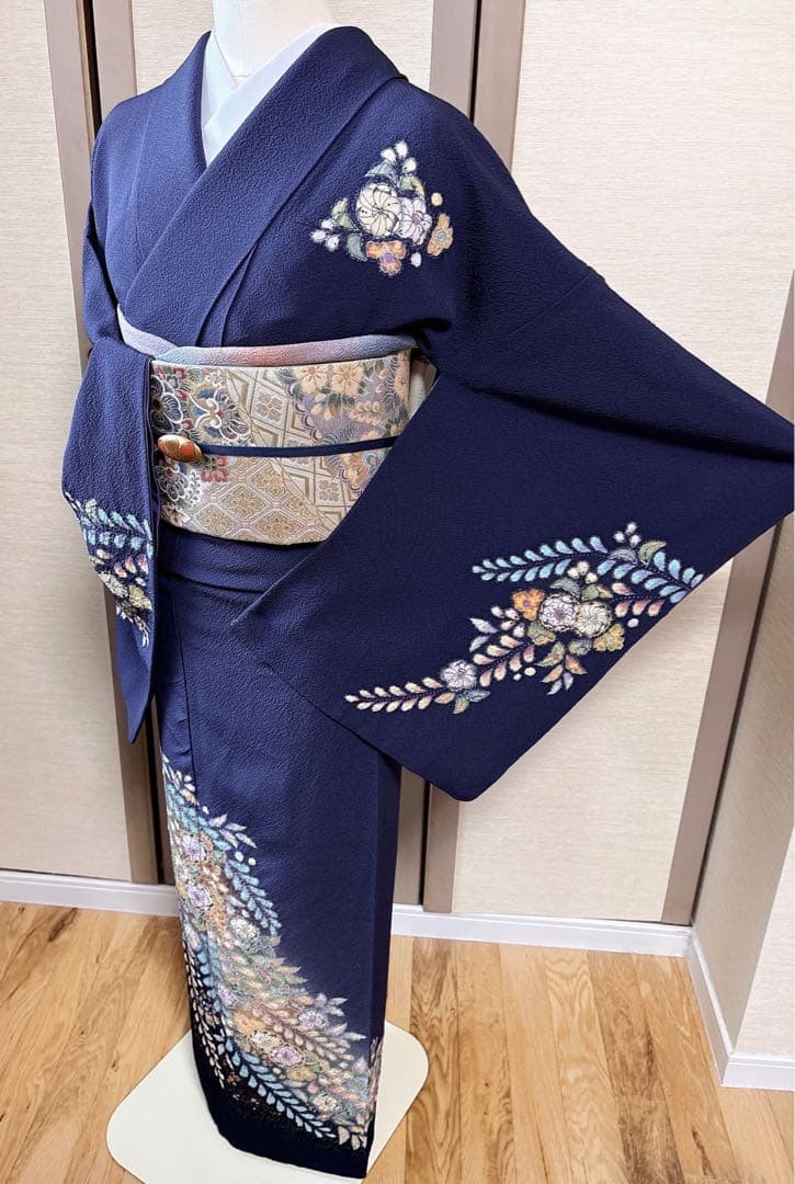 美品　正絹　訪問着　辻が花　翠山工房　裄68 卒業式　入学式　M L 紺