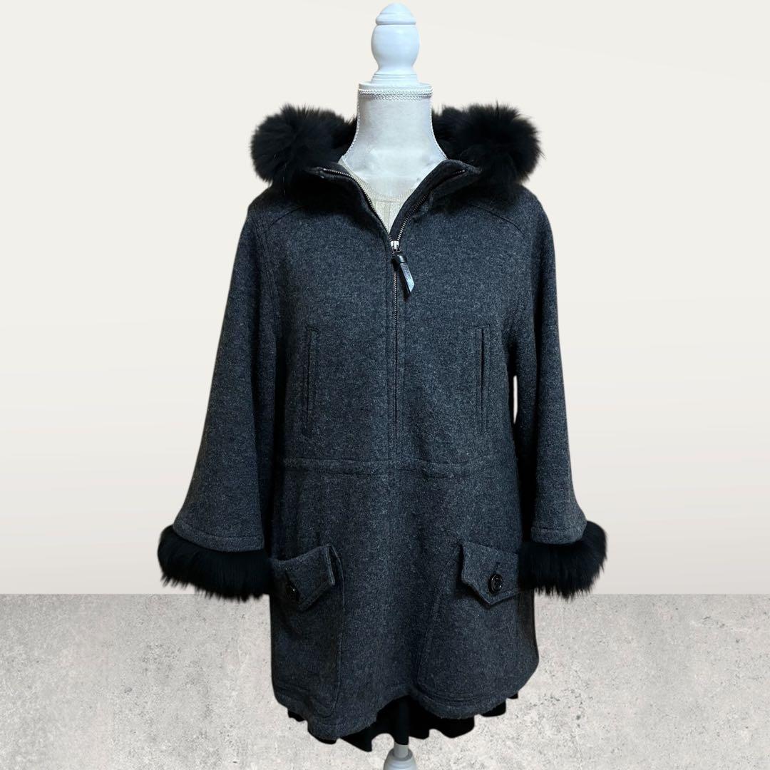 BURBERRY ブルーレーベル ポンチョ 羊毛 アンゴラ フォックス 牛革