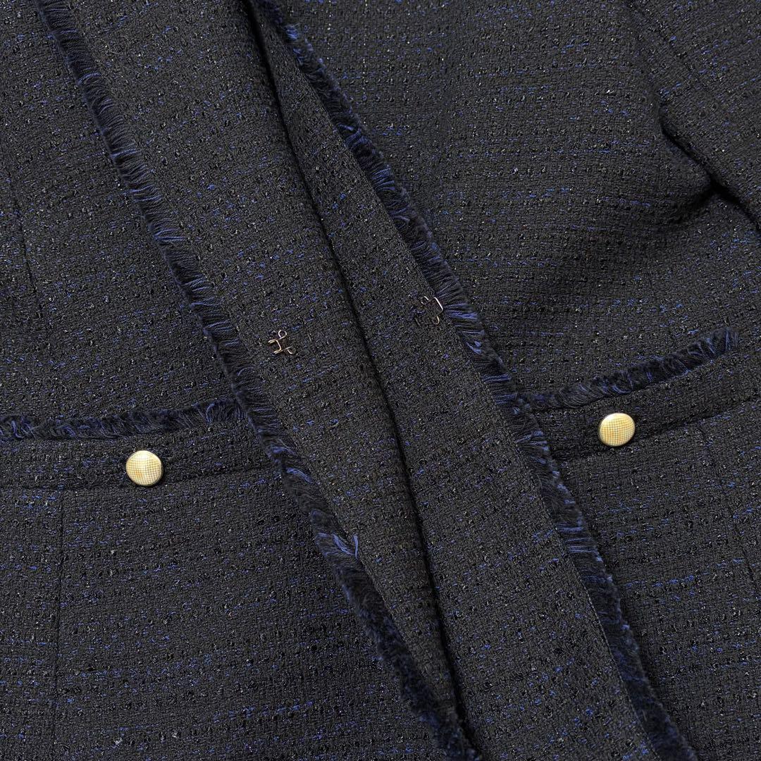 未使用【インディヴィ ヴァイ】ツイード　ノーカラー　ジャケット　ネイビー　ラメ