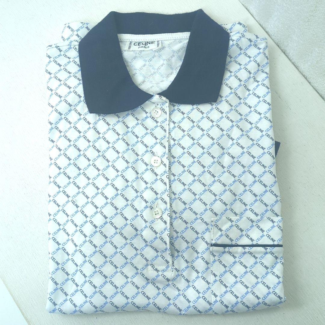 セリーヌ 100% コットン ポロシャツ ホワイト ネイビー ブルー イタリア製
