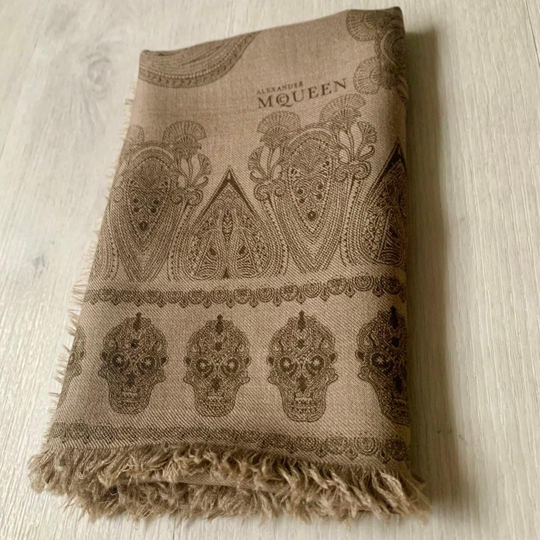 スカル柄レアデザイン美品✨絹カシミア入り高級ストール／アレキサンダーマックイーン