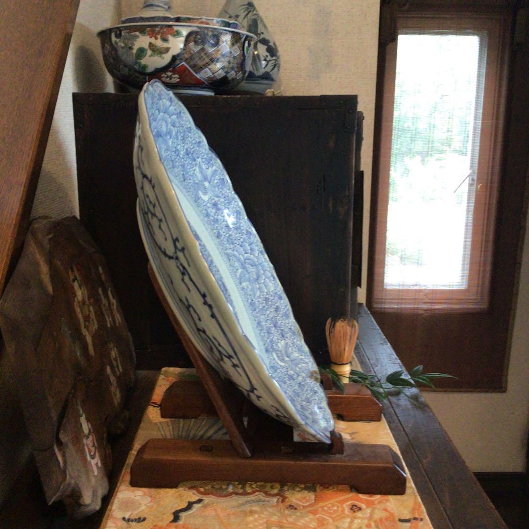 A865 古伊万里　染付　幕末線描　牡丹に柘榴紋様（1尺5寸）大皿　　1枚