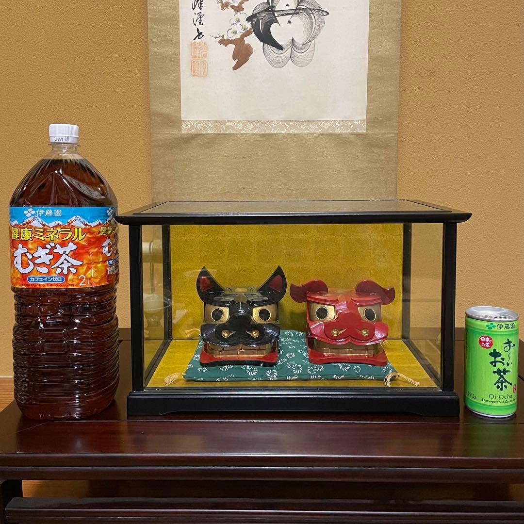 酒田獅子頭 置物 雄雌黒赤一対 伝統工芸品 和風インテリア