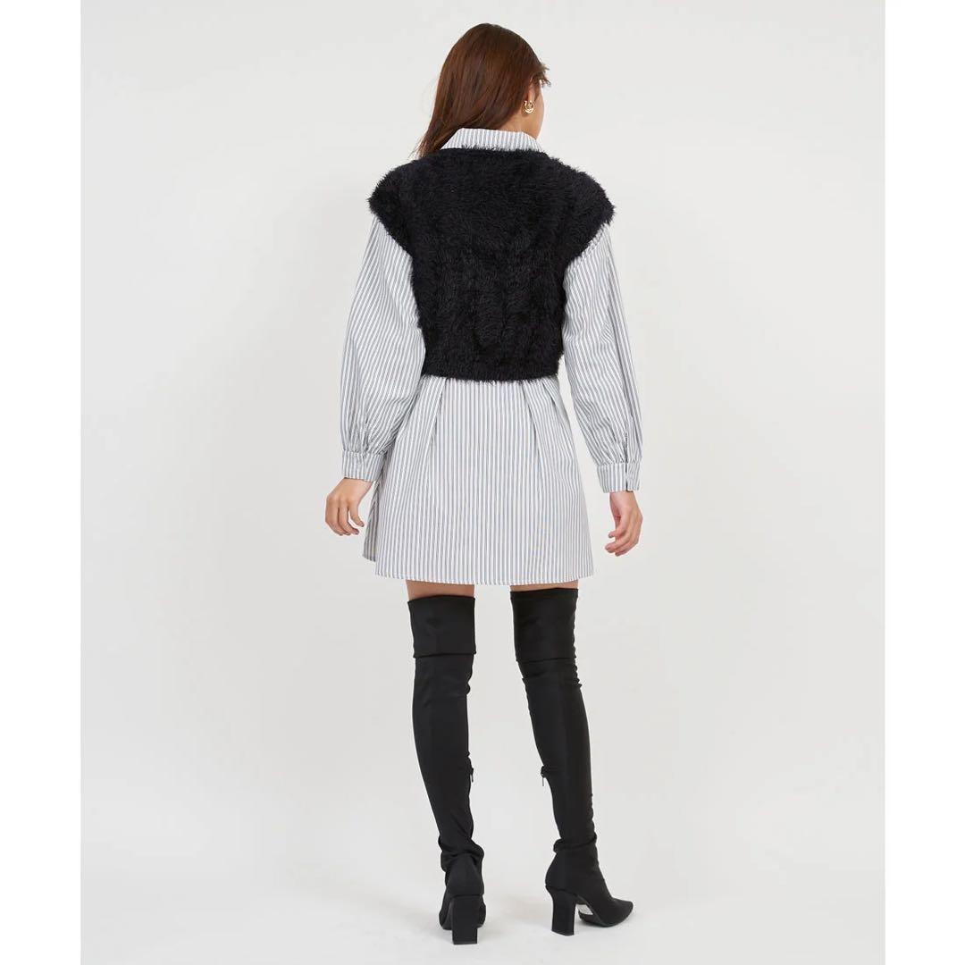 新品 ロイヤルパーティー ニットベスト付くびれるストライプシャツワンピース F