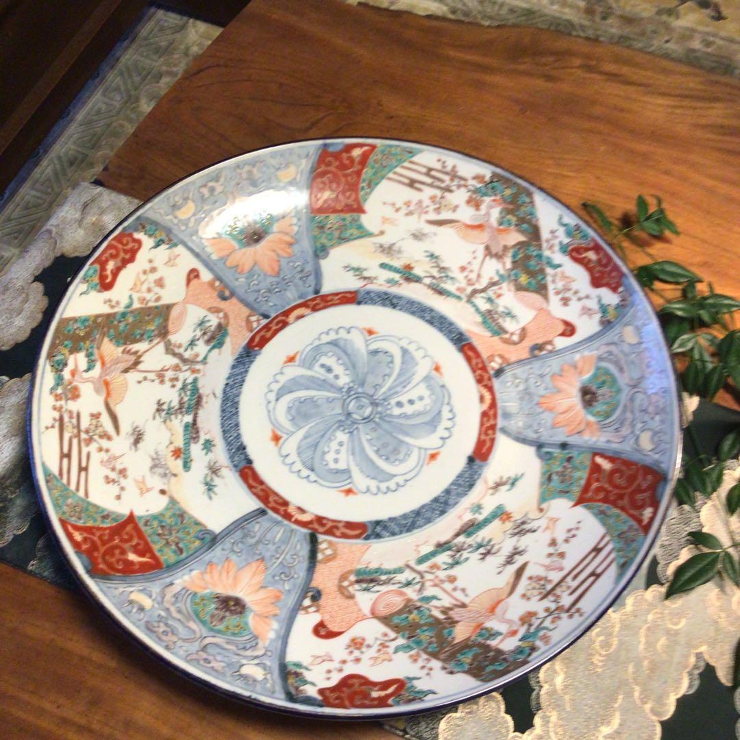 A866 古伊万里　染錦手　見込花　雲鶴紋様　（1尺5寸）大皿