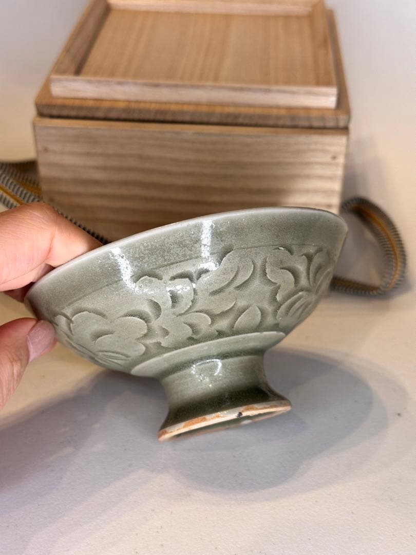 宋代 耀州窯 高台 小杯 青磁 共箱付 中国古陶磁 コレクション