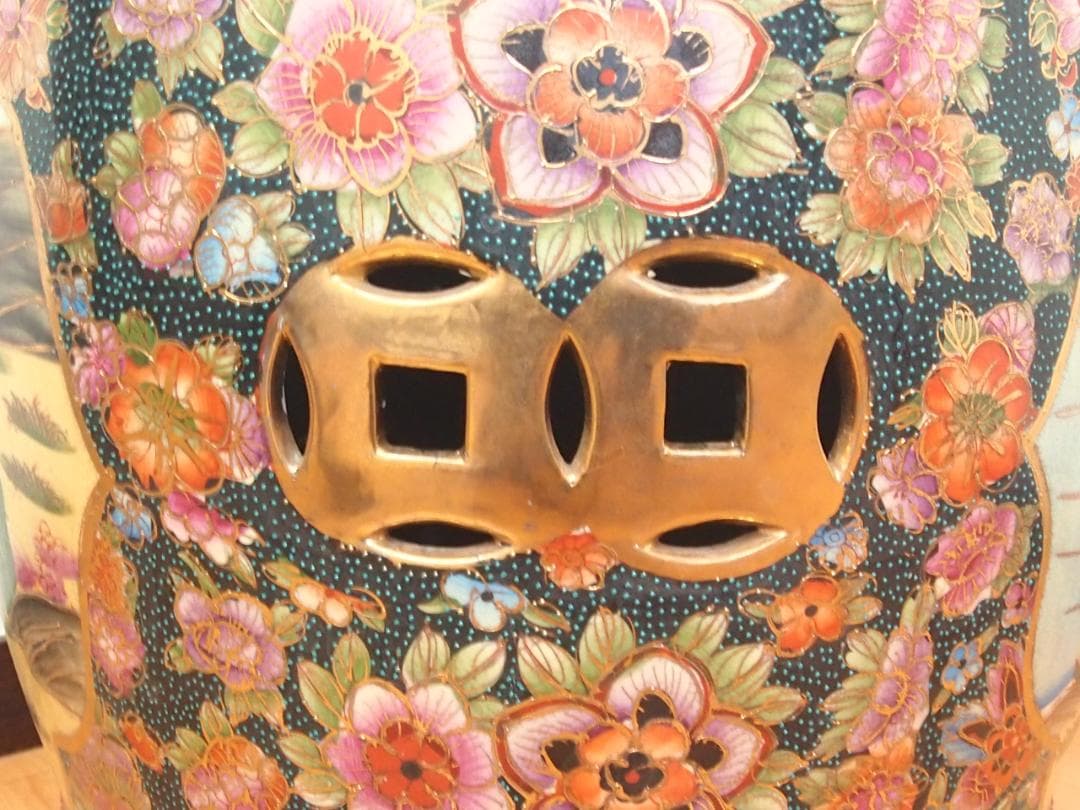 【美品】陶器製 スツール 椅子/花台/飾り台 美人画/花文/青粒 シノワズリ家具