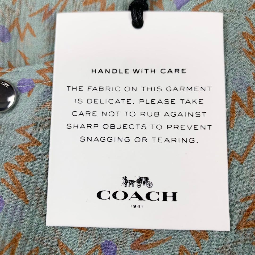 新品　COACH コーチ　シルク100% シフォンワンピース　総柄　グリーン系