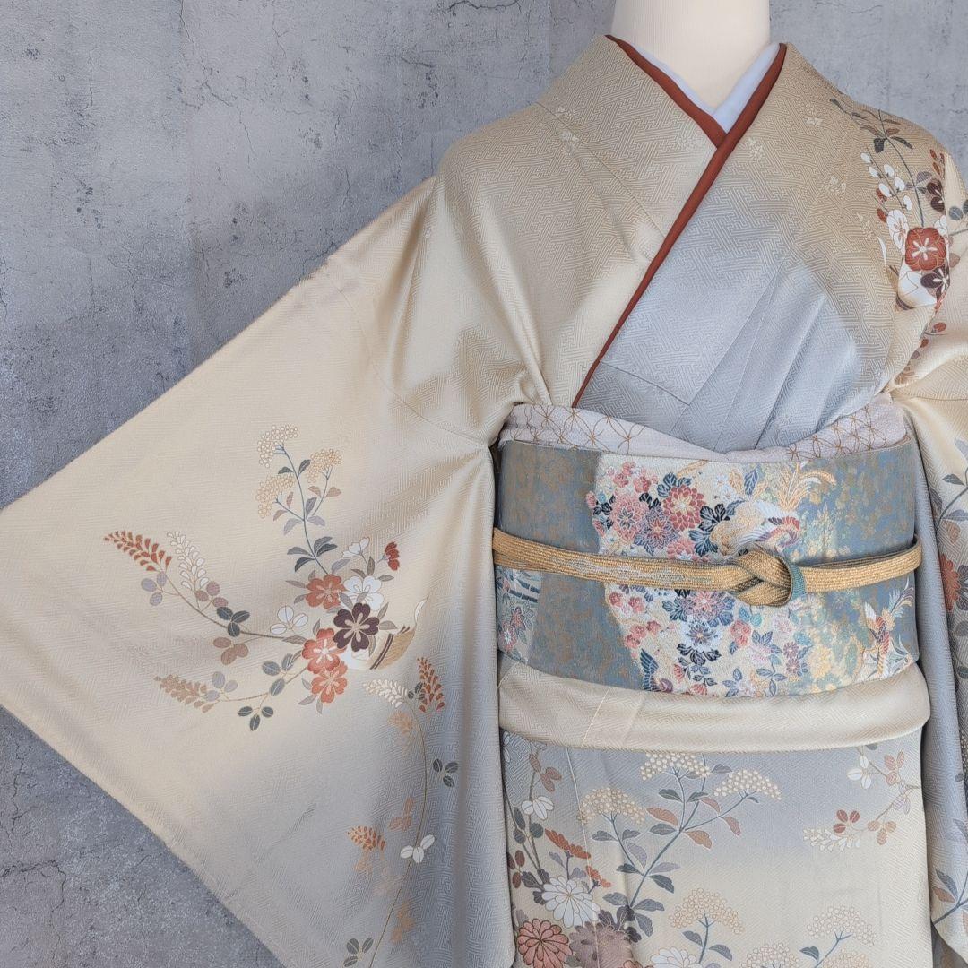 訪問着　フルセット　着物　正絹　淡い黄色　トールサイズ　比翼仕立　花金駒刺繍E2