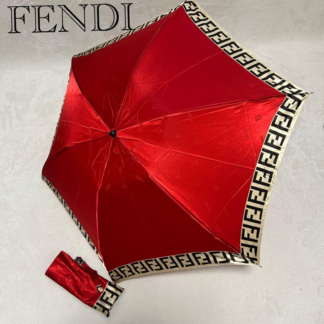 FENDI フェンディ ロゴ入り 折りたたみ傘 レッド 赤 ズッカ柄