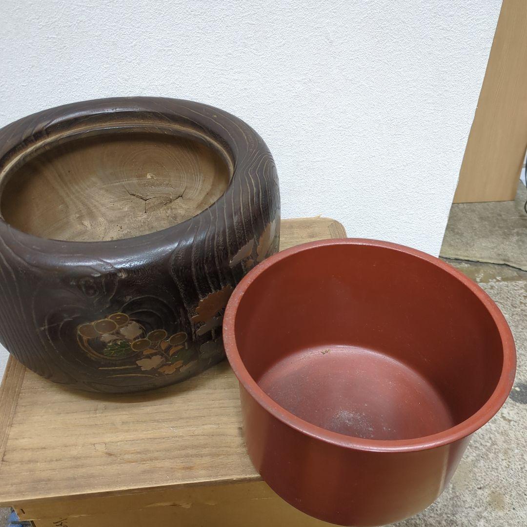 骨董　蒔絵　螺鈿　火鉢　桐　内側銅器　大型　花入　鉢カバー
