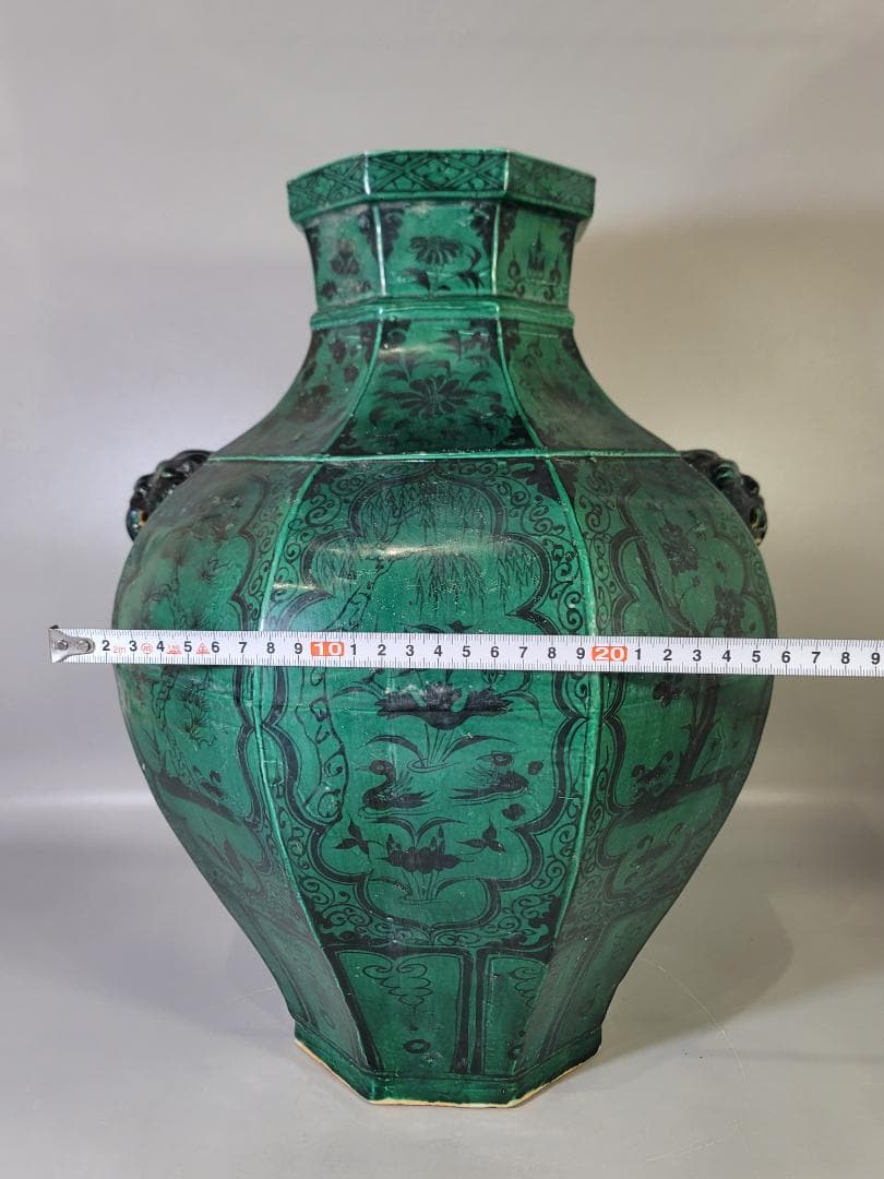 古い 中国 緑釉 獣耳 六角 瓶 高さ 39.5ｃｍ DT621