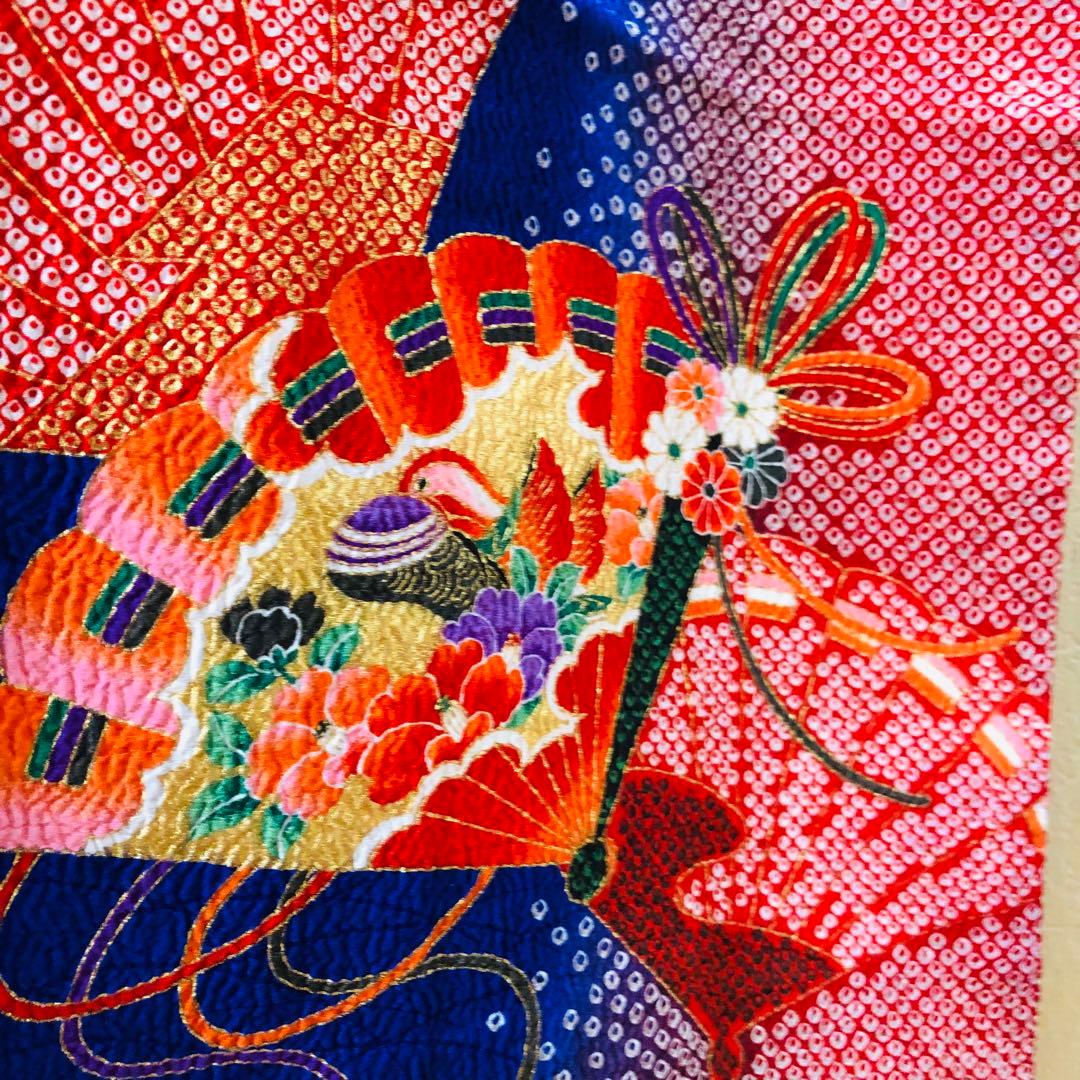 七五三7歳❣️人気Blue暈し絞り柄❣️扇鴛鴦花々金彩煌びやか際立つ完全フルセット❣️