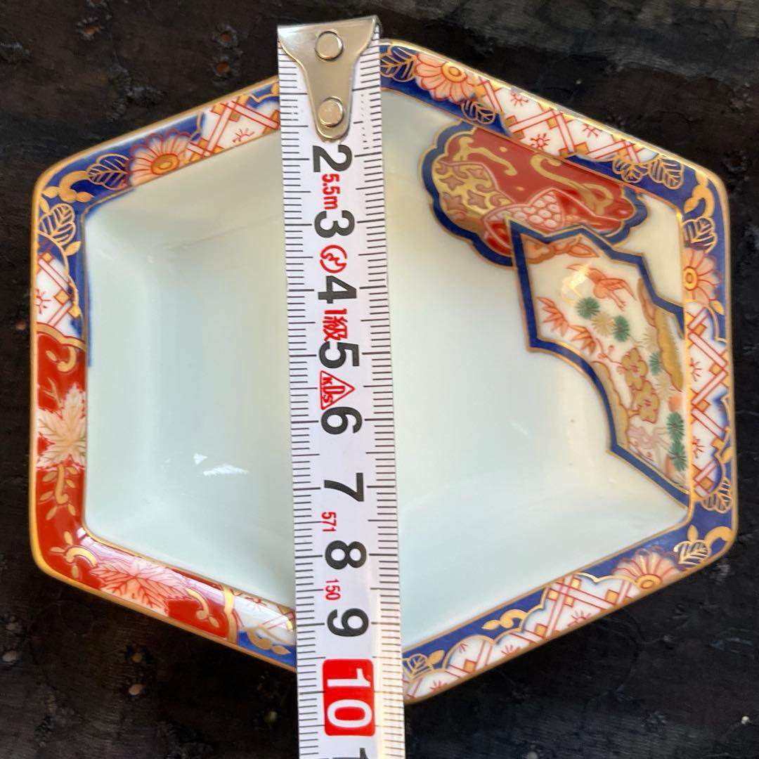 有田焼　其泉　染錦金彩　松竹梅鶴絵　高台　六角小鉢　小皿　5枚組
