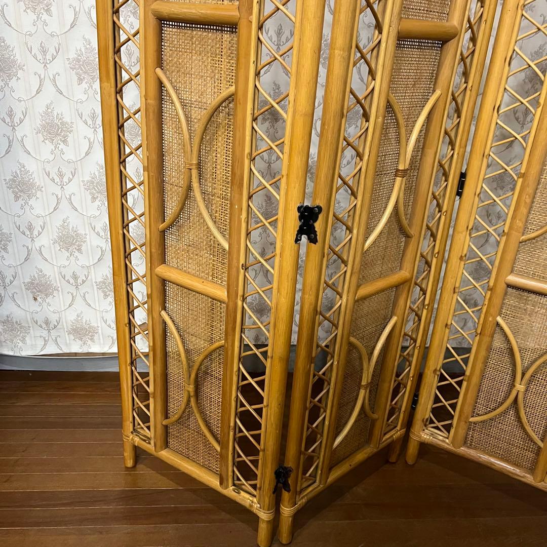 【アンティーク】籐 ラタン 3連パーテーション 間仕切り 衝立 目隠し古道具