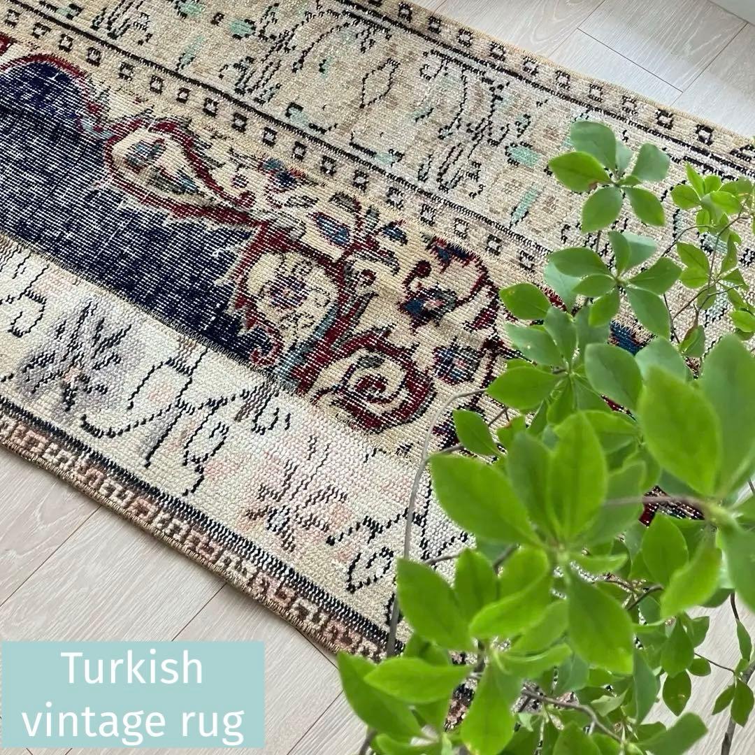 超ロングネイビー65×249レッド　パッチワークランナー　トルコヴィンテージラグ