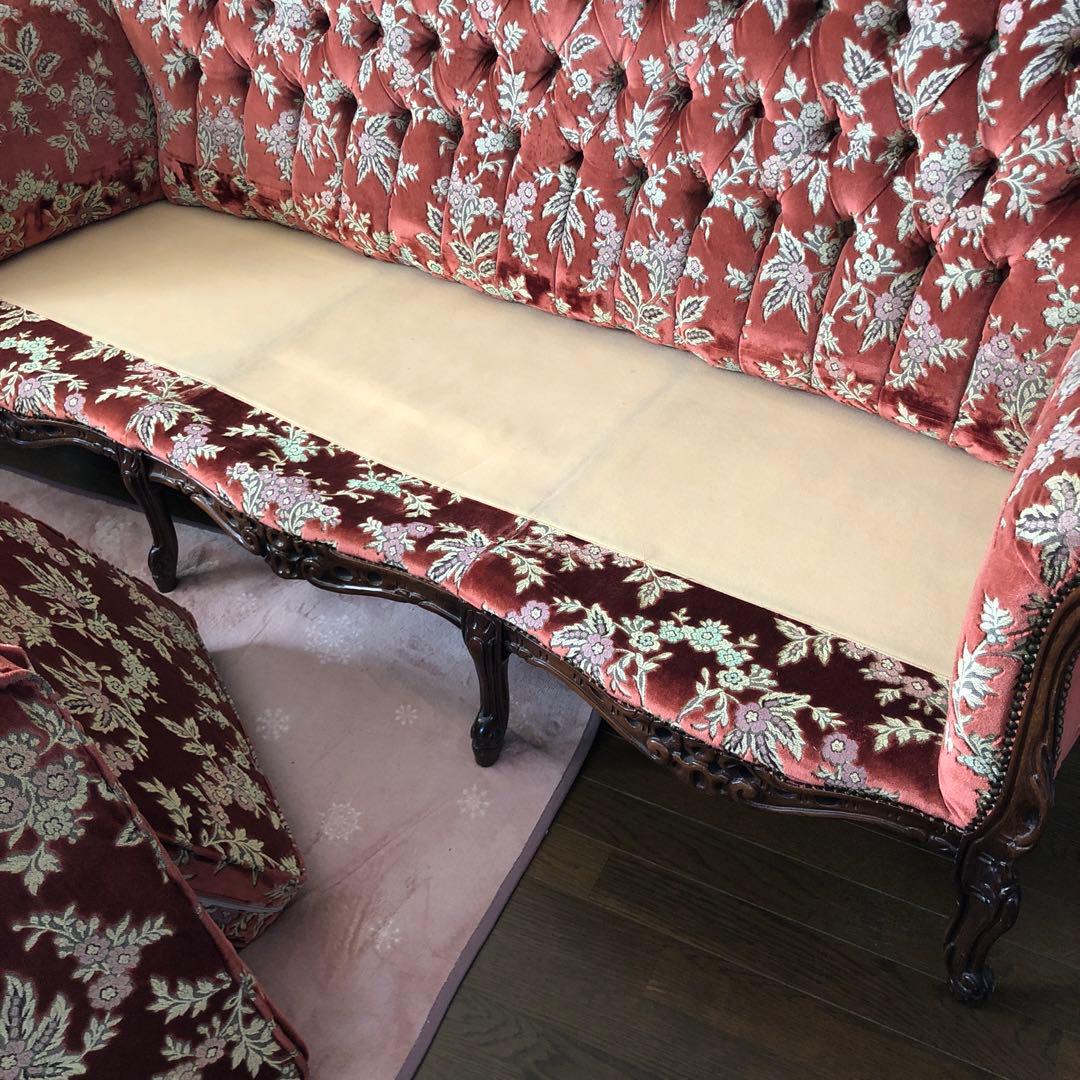 金華山 イタリア　ビクトリアンスタイル 3人掛けソファ 赤色 花柄