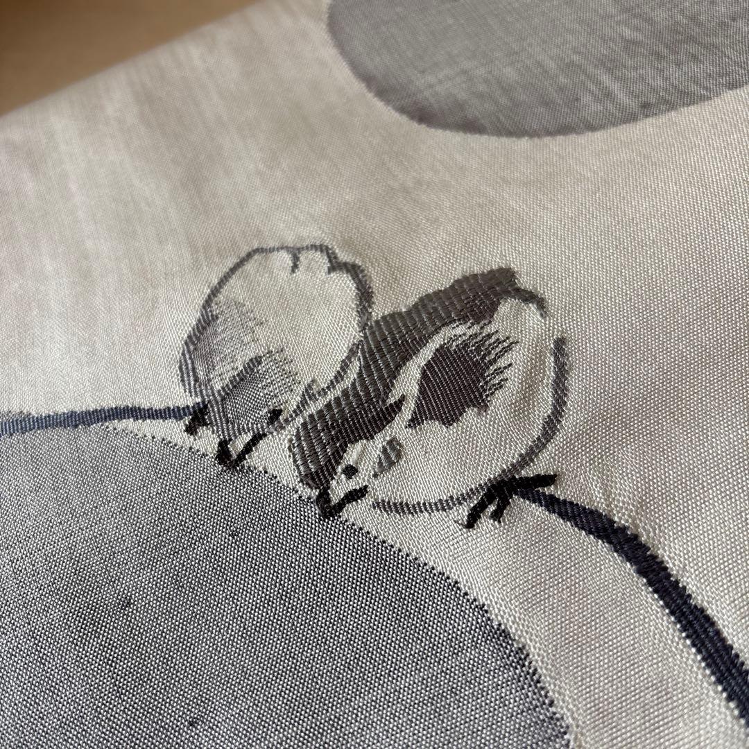 可愛いすずめ絵　織物のアート　紬袋帯　作家物