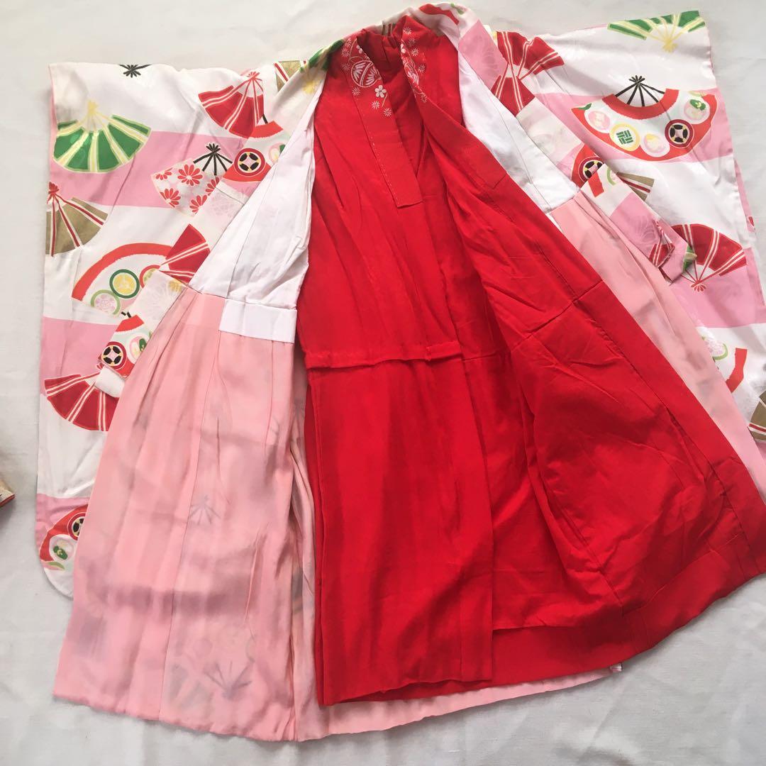 アンティーク着物　扇　古典　ピンク系　きもの帯他小物付き