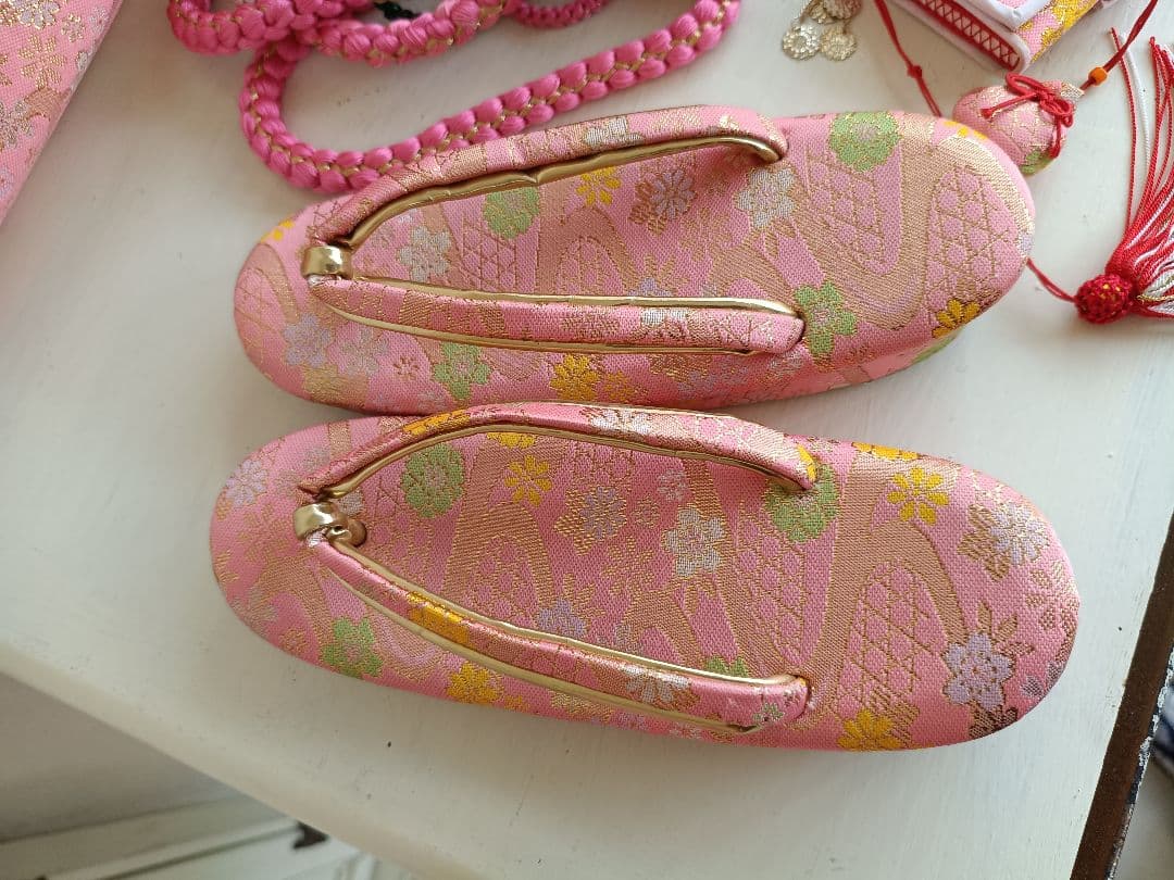 JAPANSTYLE白地にピンクの花模様☆七五三着物帯フルセット