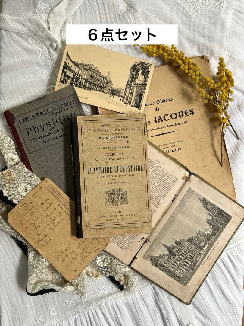 ◆SALE◆フランスアンティーク｜100年前古書教科書詩集手書きハガキ紙もの挿絵