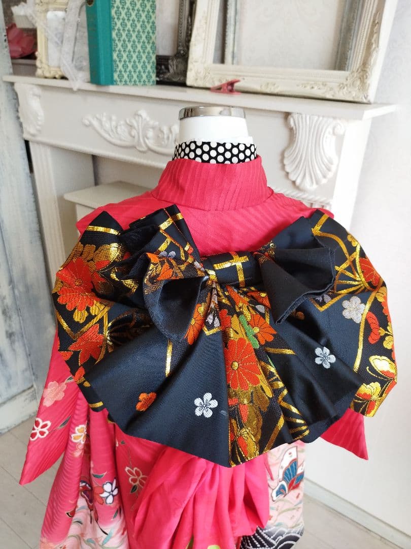 本格的☆正絹☆赤ピンクの着物に黒の袋帯