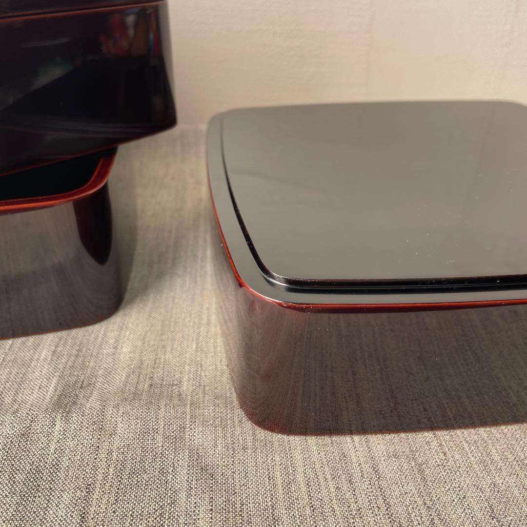 溜塗 木製 漆器 重箱 3段 19.5cm 黒　無地　胴張り