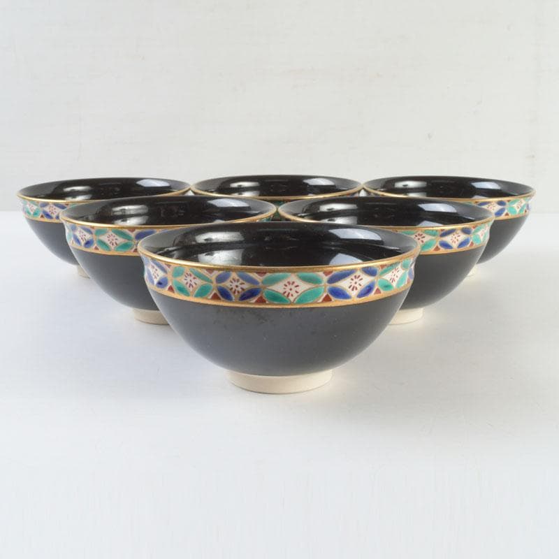 茶道具　京焼　平安　紫雲造　色絵　黒仁清七宝文　数茶碗　六客　V　9471
