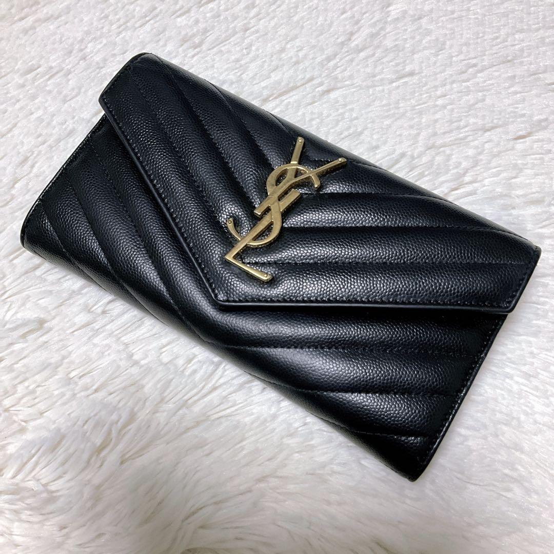 ♡美品♡イヴサンローラン 長財布 レザー Vステッチ キルティング カサンドラ黒