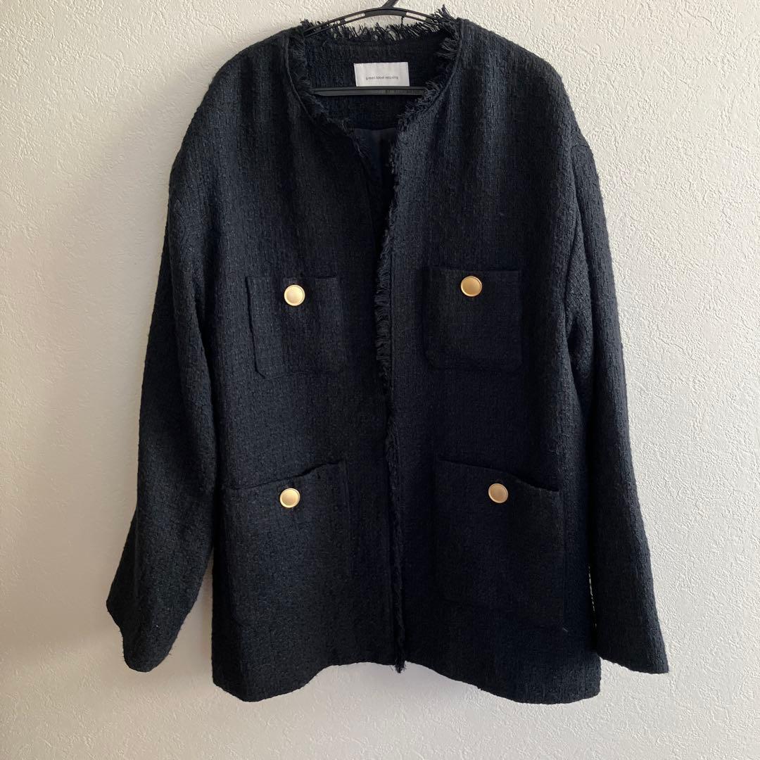 green label relaxingノーカラージャケット ネイビーツイード風