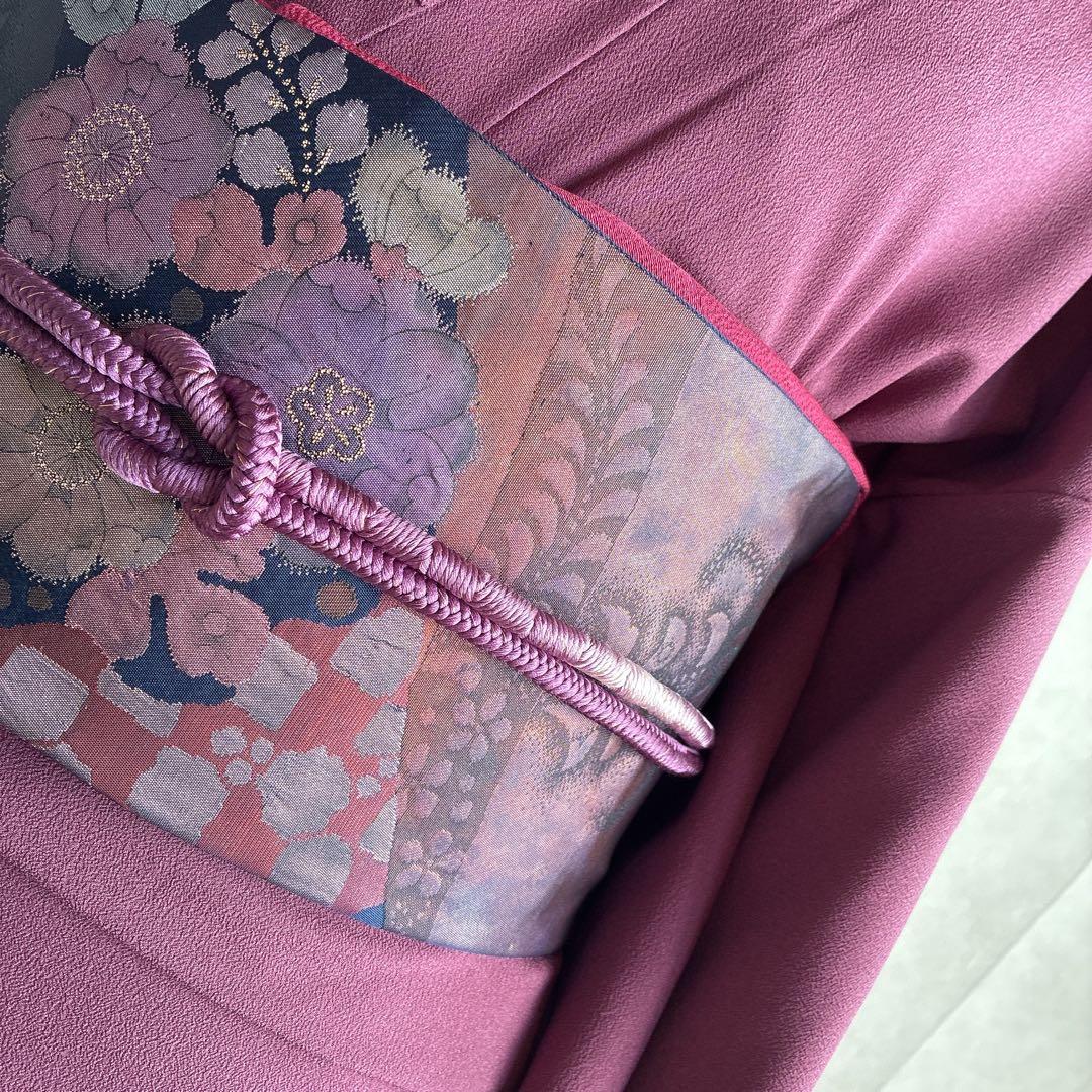 色無地　フルセット　着物　正絹　一つ紋　辻ヶ花の帯　赤紫　N5