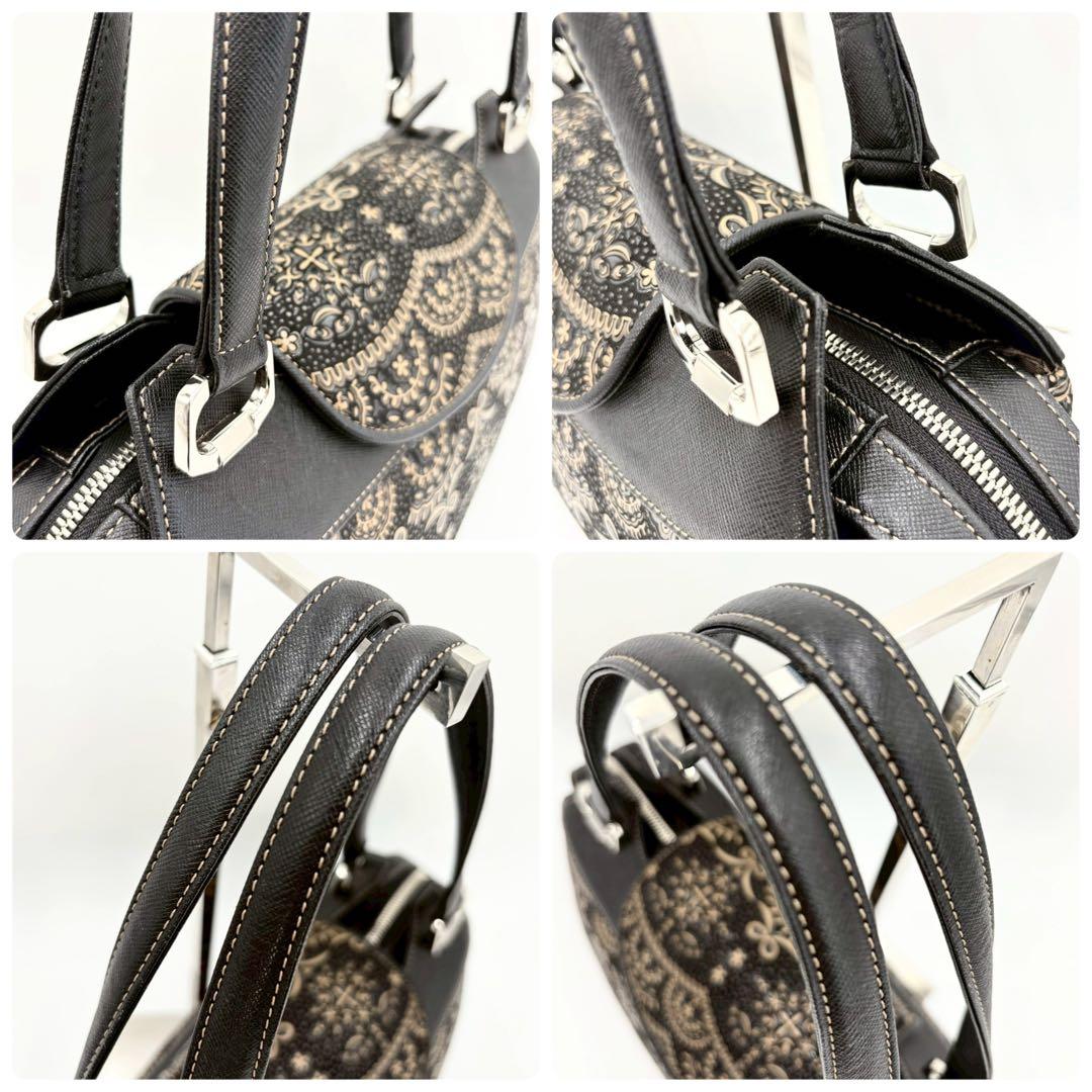 【超美品】印傳屋 PRIDEN プライデン 手提げバッグ 黒×ベージュ 鹿革 漆