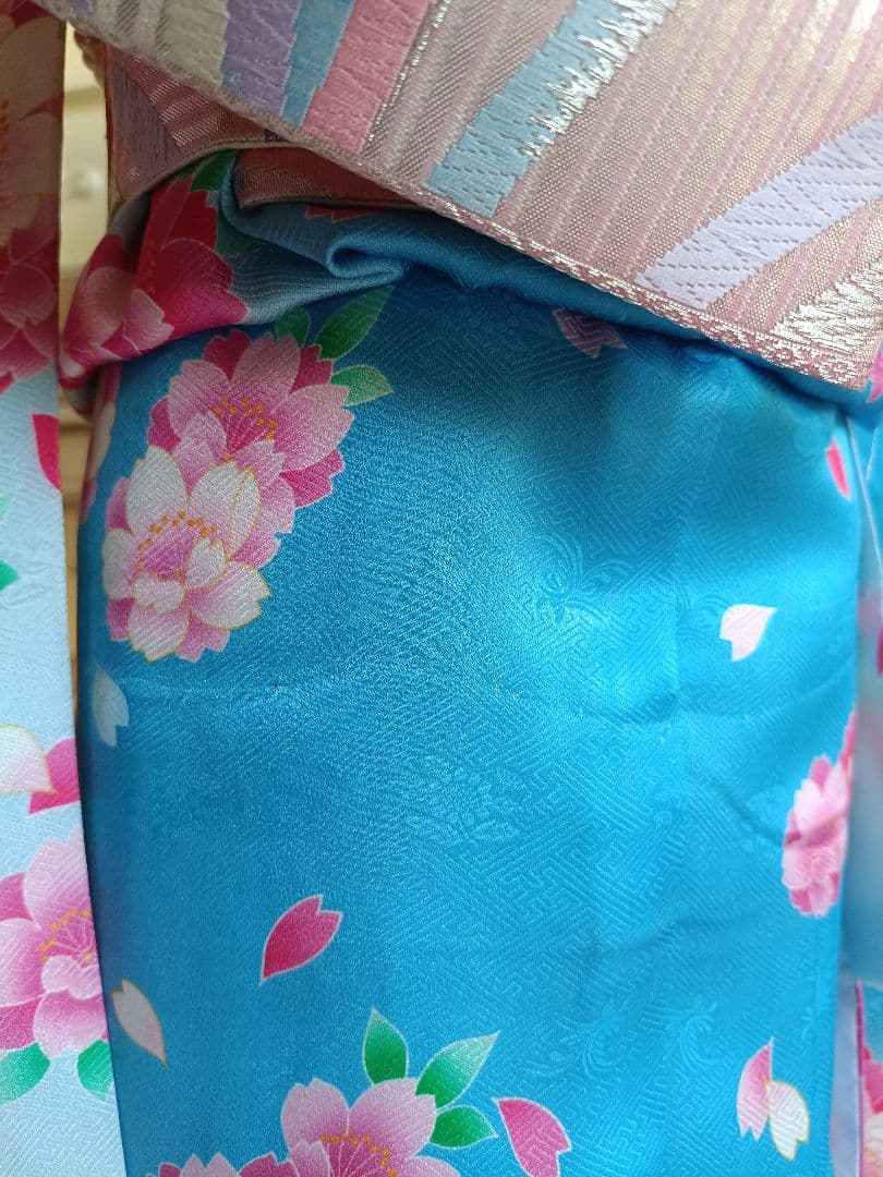 正絹☆ブルーピンクの着物にキラキラ作り帯セット