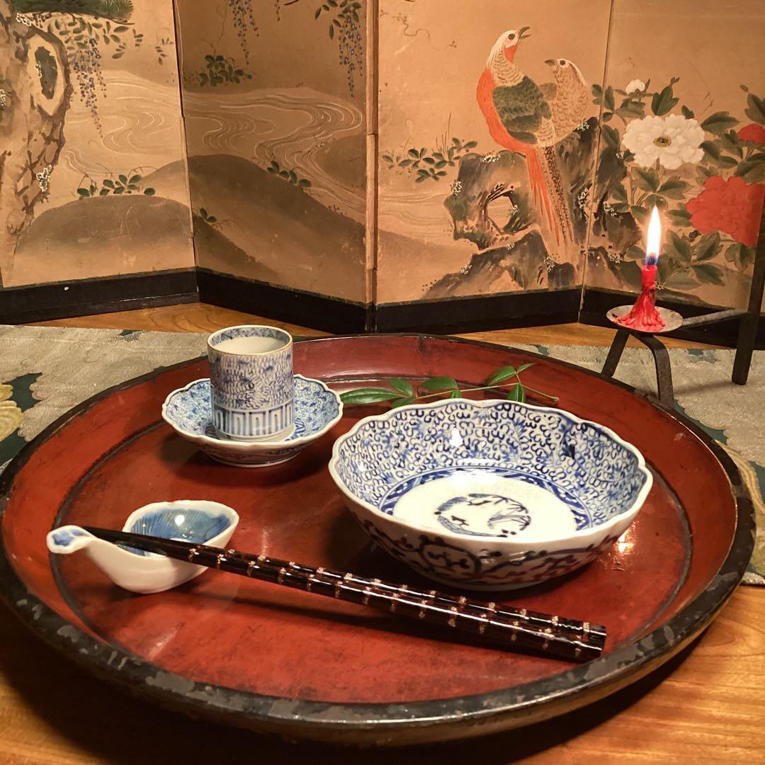 A1026 古伊万里　染付　微塵唐草模様　膾皿　　5客