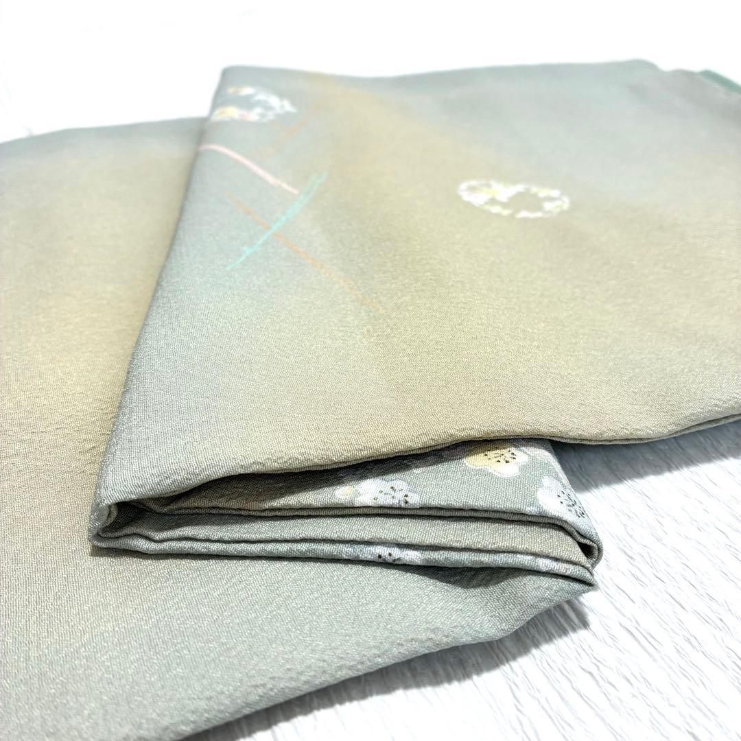 【良品✨】東レシルック　さんび　洗える着物　小紋　ぼかし染め　青磁鼠×砂色　H3